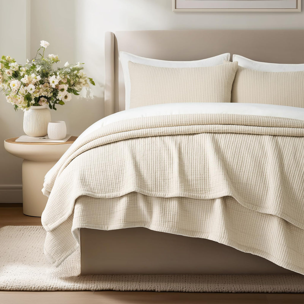Cotton Gauze Matelassé Coverlet Set, Soft Oat