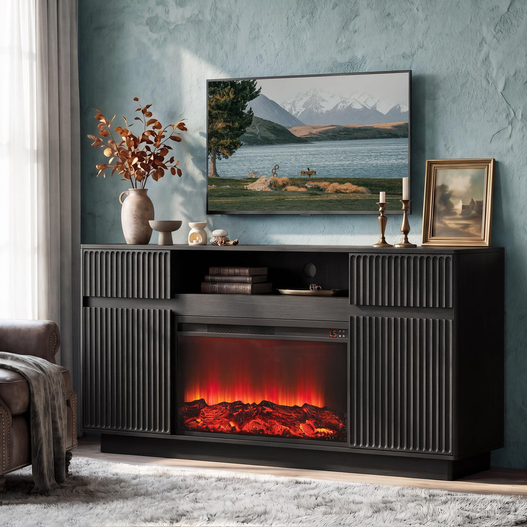 64" Fluted Fireplace TV Stand with 30" Electric Fireplace, Black