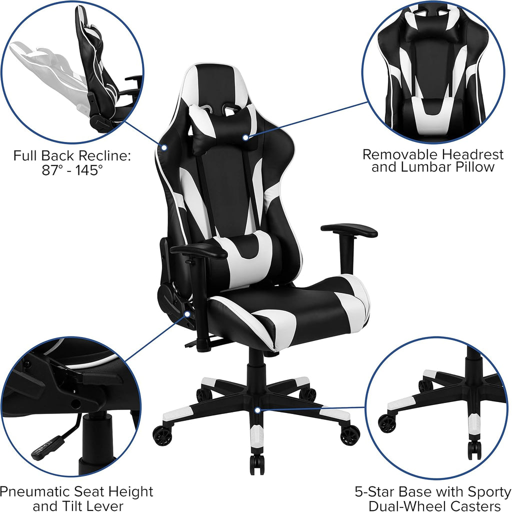 X20 Fully Reclining LeatherSoft Racing Style Gaming Chair with Headrest, Lumbar Pillows, Ergonomic Swivel Computer
