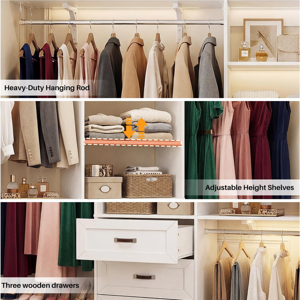 8FT Closet System with 3 Curved Drawers, 96'' Wooden Walk-in Closet Organizer with 3 Top Shelves, Adjustable