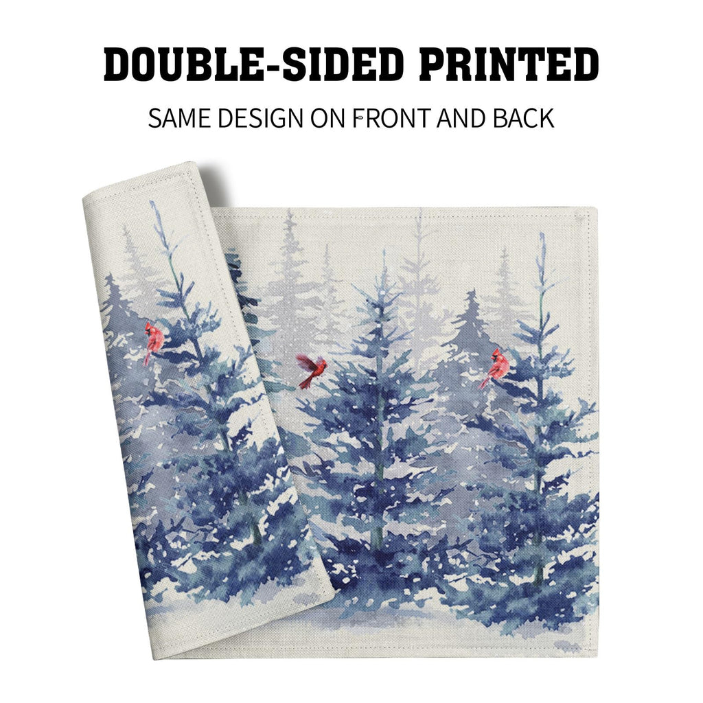 Winter Blue Pine Tree Placemats Set of 4,12 x 18 Inch Forest Xmas Red Bird Heat Resistant Place Mats Linen Table Mats