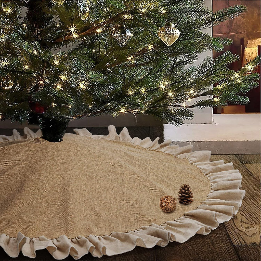 Fall Burlap Tree Skirt with Ruffle, 48 inch Linen Christmas Tree Decoration