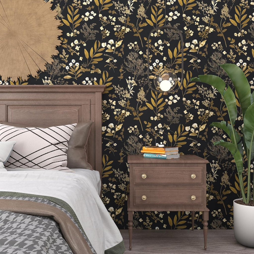 Vintage Floral Peel and Stick Wallpaper 17.5"x 393", Gold Black | Self Adhesive/Removable/Waterproof/Thick Vinyl
