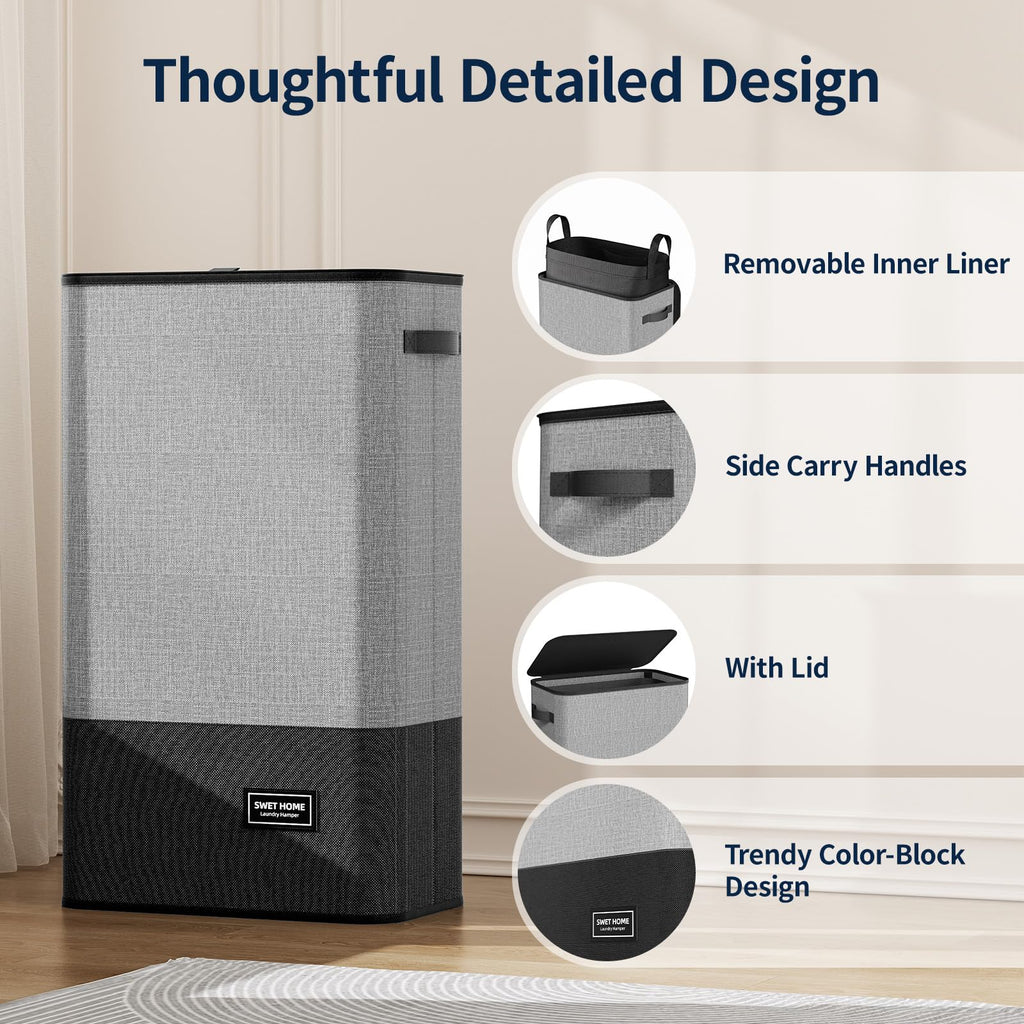 Slim Laundry Hamper with Lid, 75L, Black-Gray