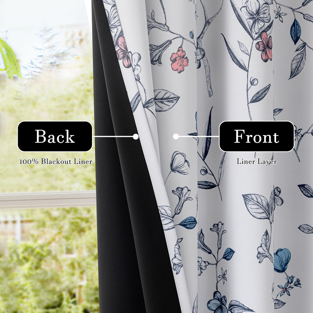100% Navy Blue Blackout Floral Curtains 96 Inches Long 2 Panels