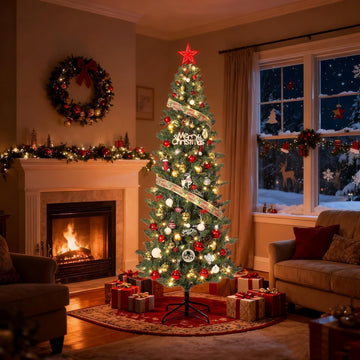 Slim Artificial Christmas Tree with Lights, 9 Adjustment Modes - Prelit Pencil Tree Decor, Skinny Space-Saving