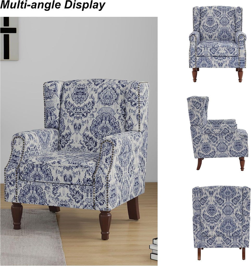Wingback Accent Chair with Wood Legs, Navy Blue, Set of 1 | High Back with Side Wings | Armrest Nailhead Trim | Solid