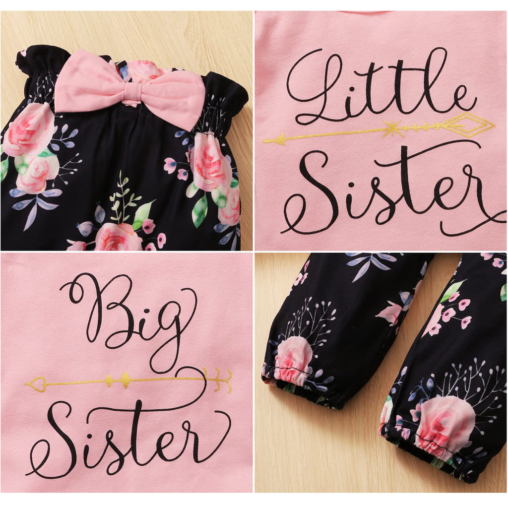 Sister Matching Outfits Pink Ruffle Long Sleeve Shirt Flowers Pants with Headband 3Pcs Clothes Set (Pink-Little