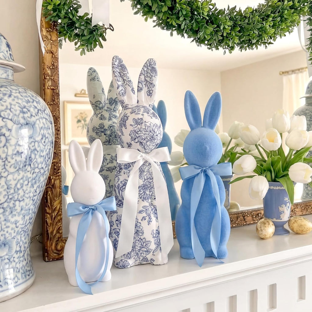 Easter Bunny Decorations Chinoiserie Floral Easter Centerpieces 15.5/13/10 Inch Blue and White Flocked Rabbit - Set of 3