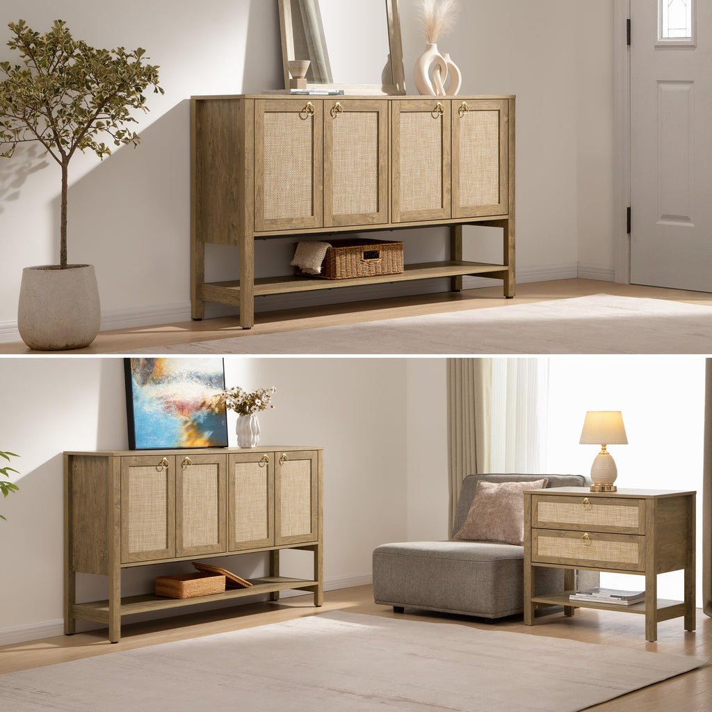 Boho Sideboard Buffet Cabinet with Rattan Doors, Storage Credenza