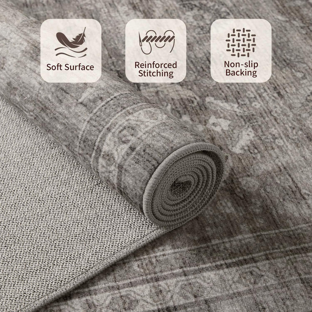 Area Rugs 5x7 for Living Room Bedroom, Grey Washable Rug, Vintage Retro Boho Rug, Non Slip & Low Pile Faux Wool Thin
