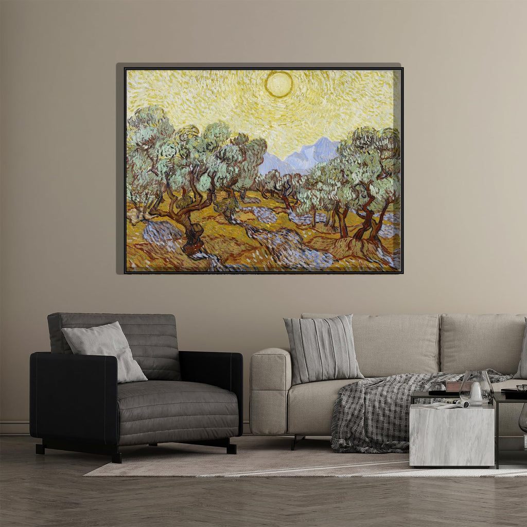 Vincent Van Gogh Canvas Wall Art - Olive Trees with Yellow Sky and Sun Poster - World's Most Famous Oil Painting