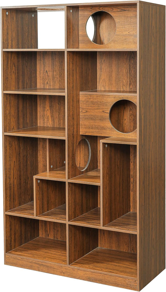Modern Cat Climbing Bookshelf with Storage Cubes and Hidden Cat Houses, Tall Wooden Cat Tower Organizer with Pass
