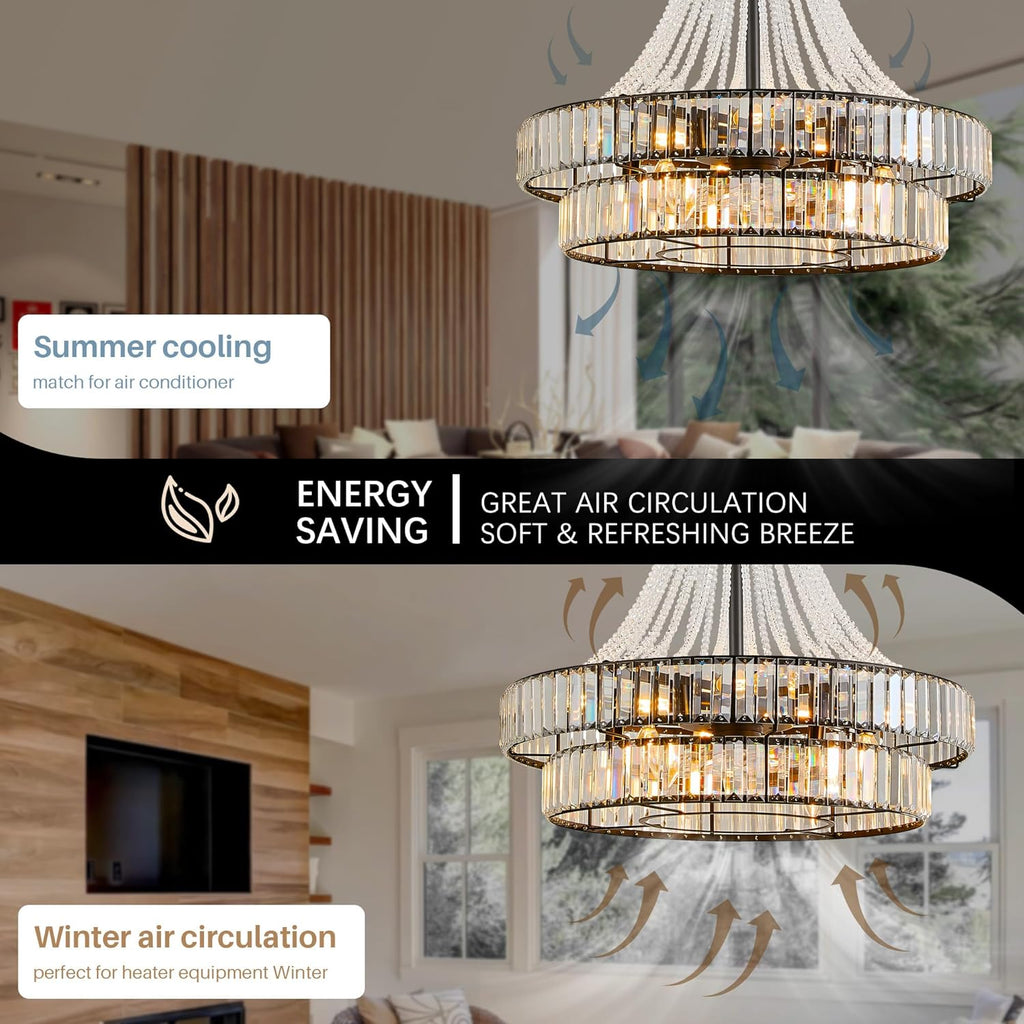 24" Modern Crystal Caged Fandelier, Smart Chandelier Fan with Remote and APP Control