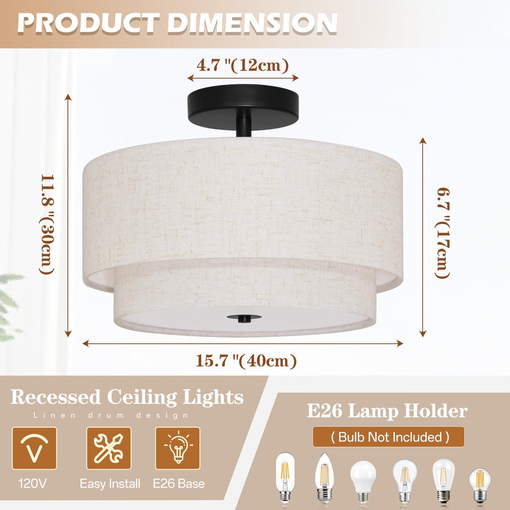 3 Light Semi Flush Mount Ceiling Light Fixture 15.7 Inch Modern Black Drum Ceiling Light Fixture with 2-Layer Fabric