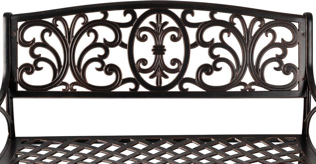 Cast Aluminum Patio Bench | Antique Bronze Finish | Heavy Duty Rust Free Metal Construction | Lightweight |
