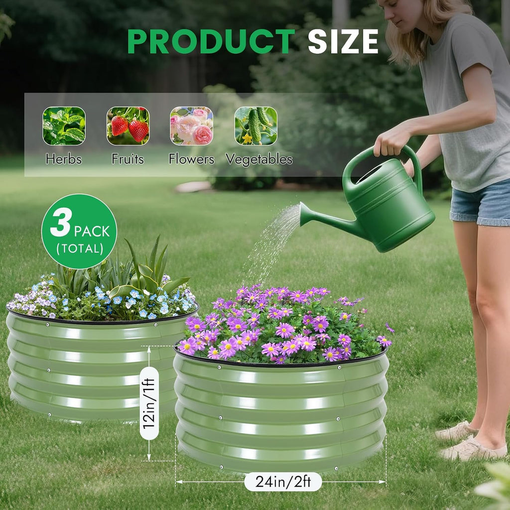 3 Pcs Round Galvanized Raised Garden Beds, 2x2x1ft Olive Green | Metal Planter Bed Outdoor, Raised Beds Kit for