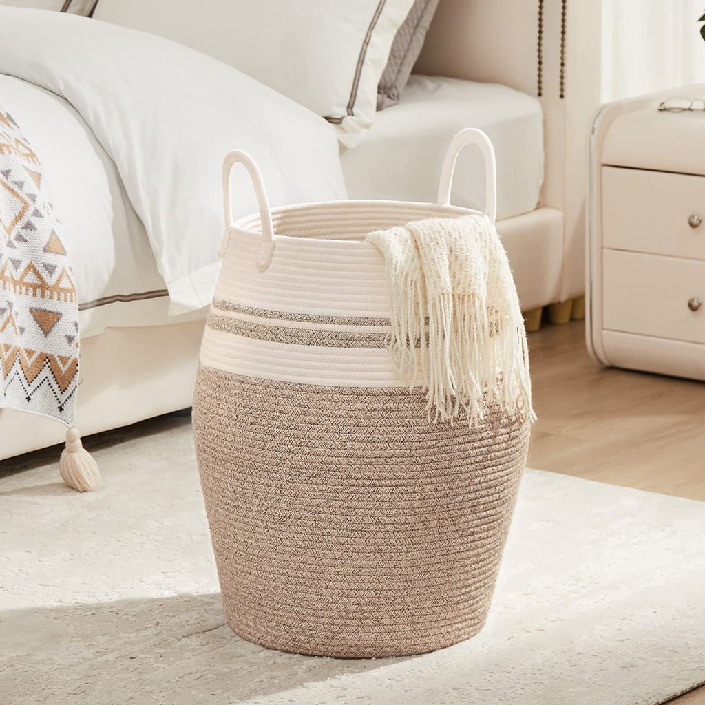 Extra Large Laundry Hamper Basket 105L Woven Blanket Basket, Brown & White