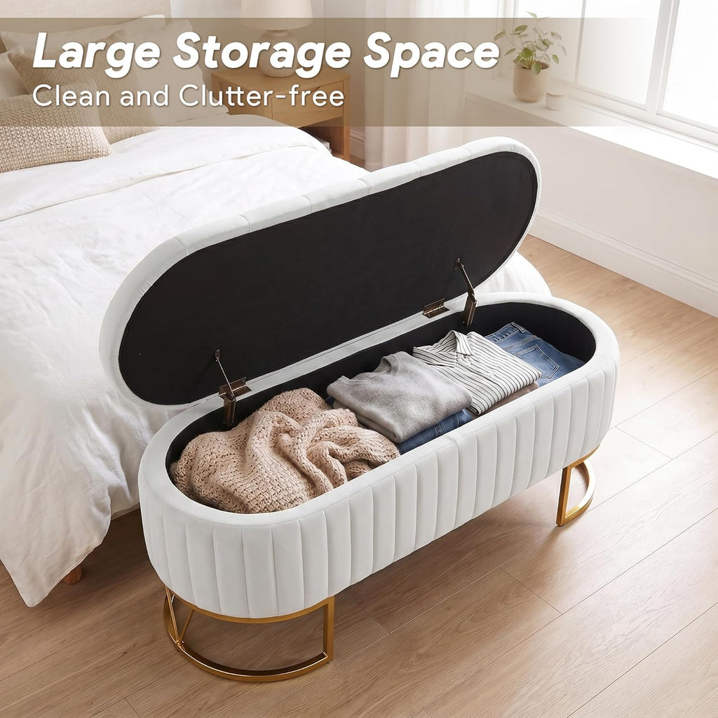 Velvet Oval Upholstered End of Bed Bench with Golden Metal Legs, 46' Modern Tufted Storage Ottoman Bench , Window