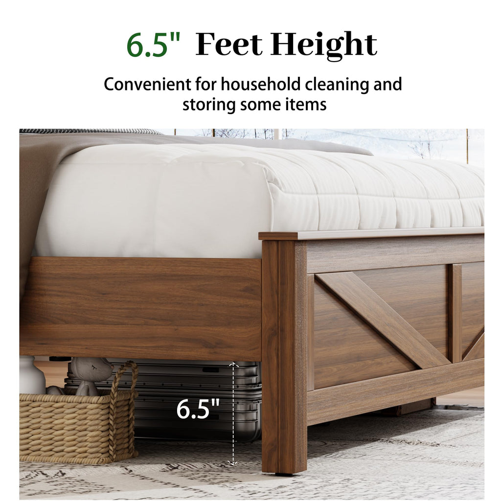 Bed Frame with Headboard, Rustic Farmhouse Wood Bed Frame with LED Lights and Charging Station, Easy