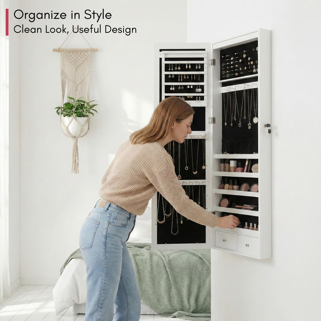 LED Light Jewelry Cabinet Armoire with Mirror, Large Storage 57" Tall Mirrored Armoire Box Necklace Ring 27 Hook
