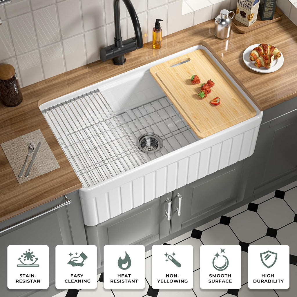 33 Inch Fireclay Farmhouse Sink White Fluted Apron Front Workstation | Heavy Duty Single Bowl Kitchen Sink, 33"W x