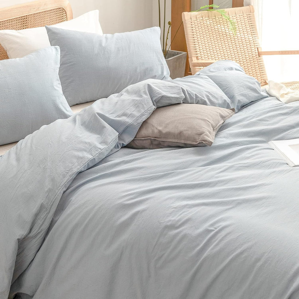 Cotton Solid Duvet Cover Set Linen Feel Cornflower Blue Queen | Washed Cotton, Linen Feel, Soft Wrinkle Texture