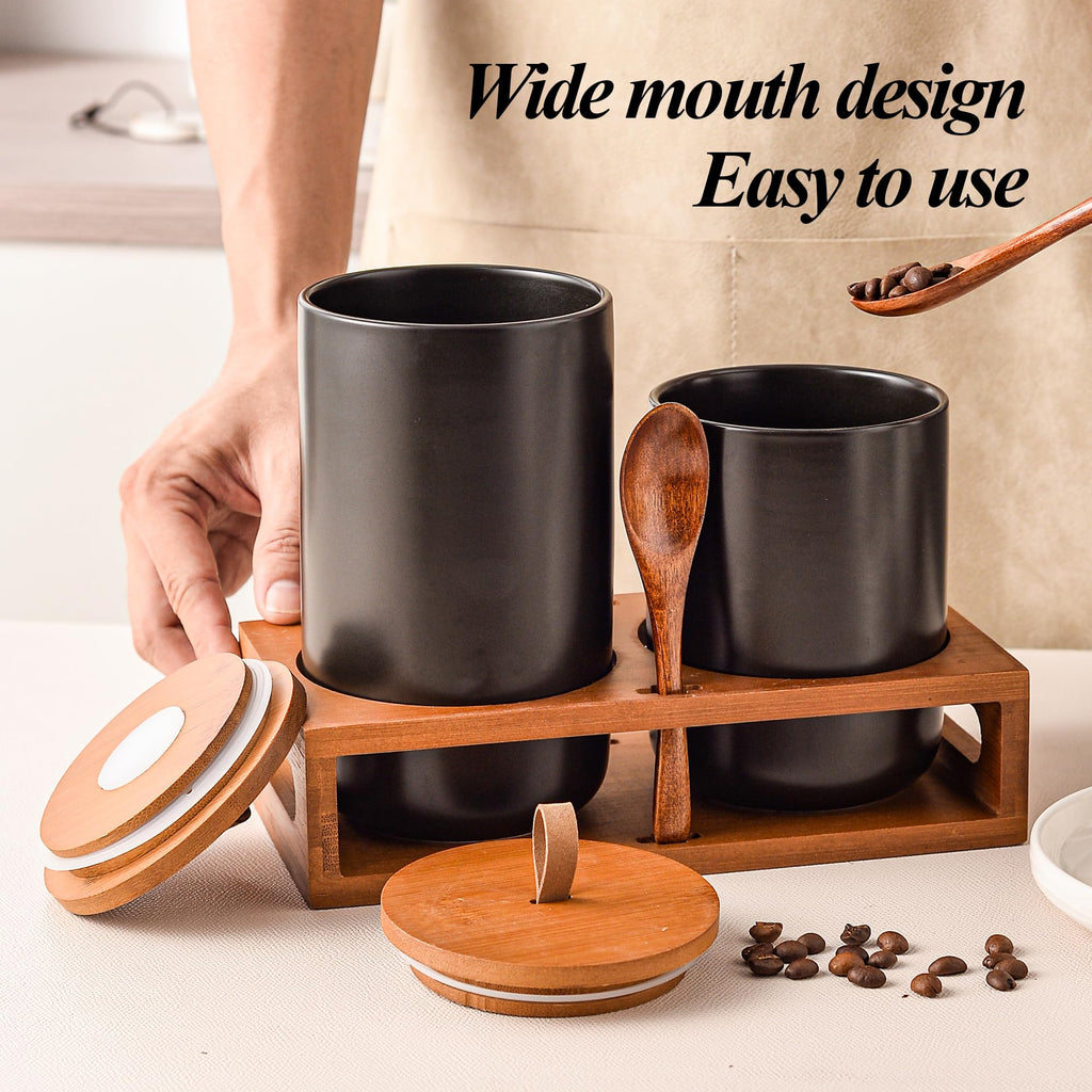 Black Ceramic Canister Set of 2 with Bamboo Lids, Wooden Stand & Spoons - 35oz & 28oz Airtight Food Storage Jars for