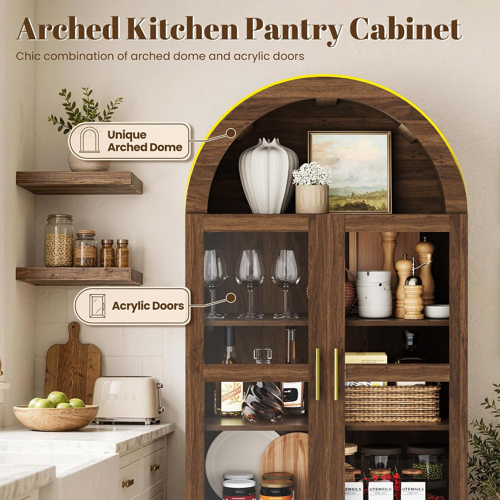 Arched Kitchen Pantry Cabinet, 71" Tall Arched Cabinet with Acrylic Doors, Farmhouse Kitchen Storage Cabinet with 2