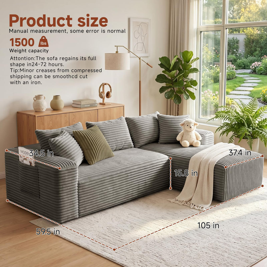 Couch ≈105inch, L-Shaped Sofa, Boneless Couch, with Chaise (Khaki)