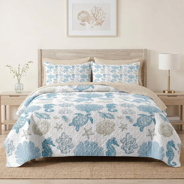 Quilt Set, 3 Pieces Sea Shell Coral Bedding, Bedspread