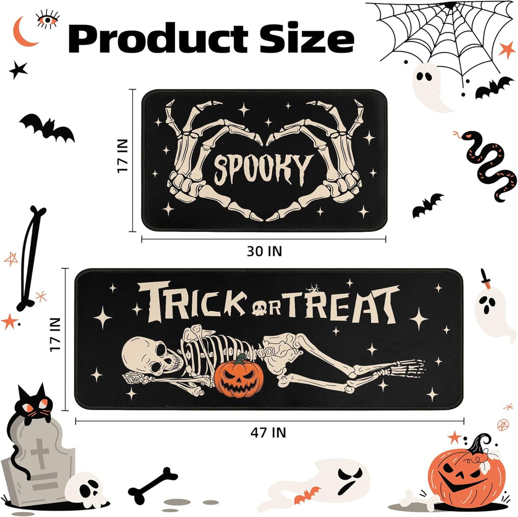 Halloween Kitchen Decor Rugs Set,Skeleton Kitchen Rugs and Mats Non Skid Washable Absorbent Kitchen - Set of 2