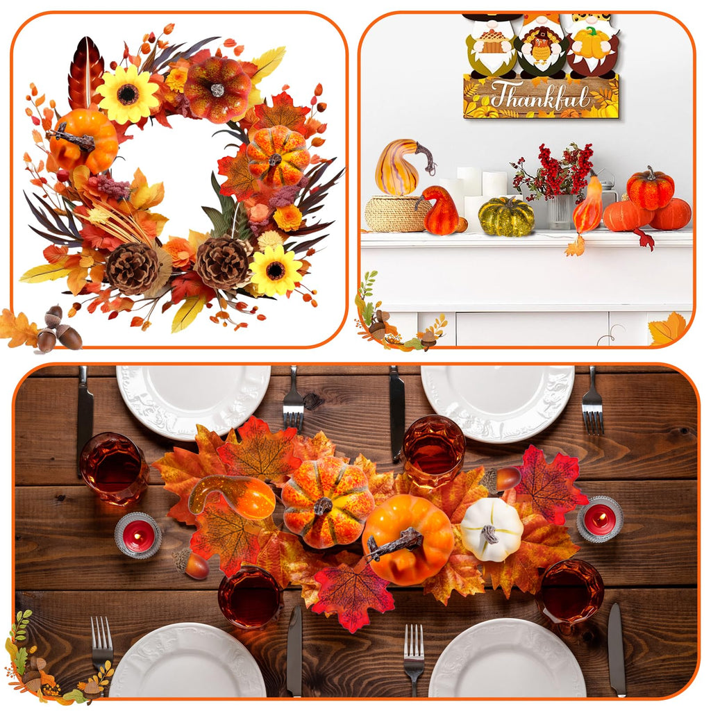 Thanksgiving Artificial Pumpkins Fall Decorations, 88 Pcs Decor- 50 Leaves, 20 Acorns, 2 Pinecones, 14 Fake