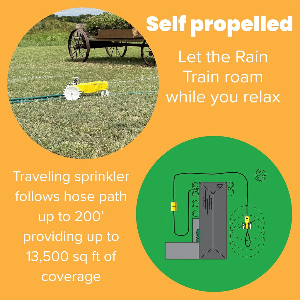 Rain Train 13,500 Square Feet Cast Iron Outdoor Lawn Traveling Water Sprinkler for Yard, and Garden, with Auto Shut