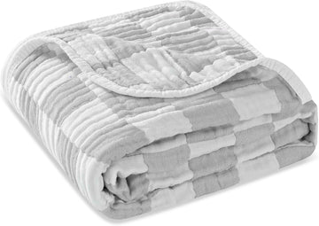 Muslin Baby Blanket Organic Cotton Blend Jacquard (Grey Check,43")