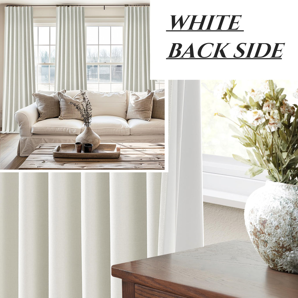 Pleated Beige White Curtains 94 Inches Long 2 Panels Burg, Energy Efficient Decorative Total Blackout Curtain Wide