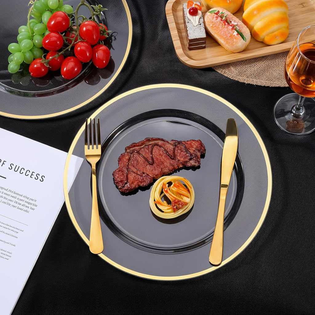 Inch Gold Charger Plates, Clear Charger Plates with Gold Trim, Disposable Plastic Charging Plate Bulk - Set of 25