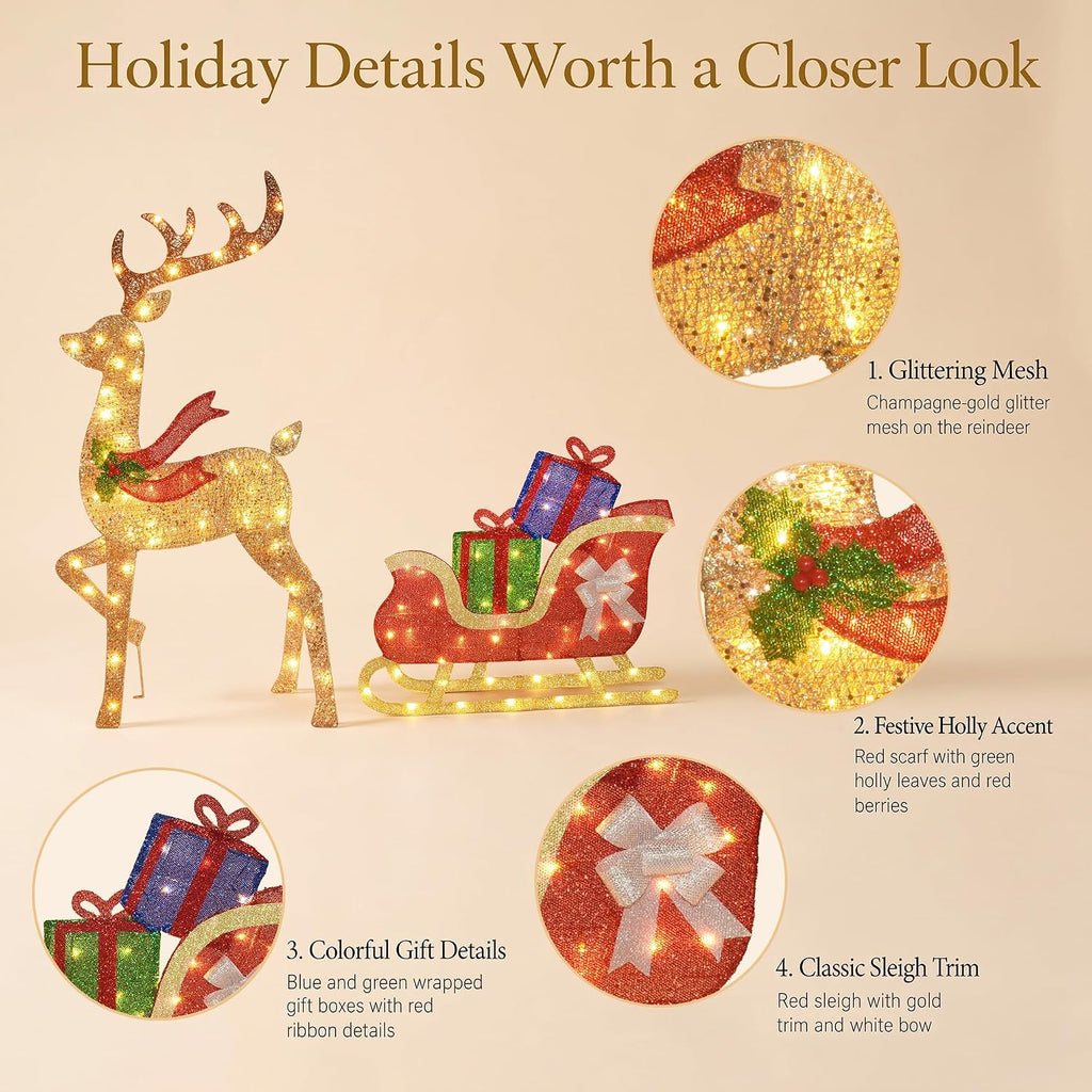 43 ‌"‌ 2.5D Lighted Christmas Reindeer with Sleigh Outdoor Decorations, Deer Pulling Gift Sled with 100 Warm White