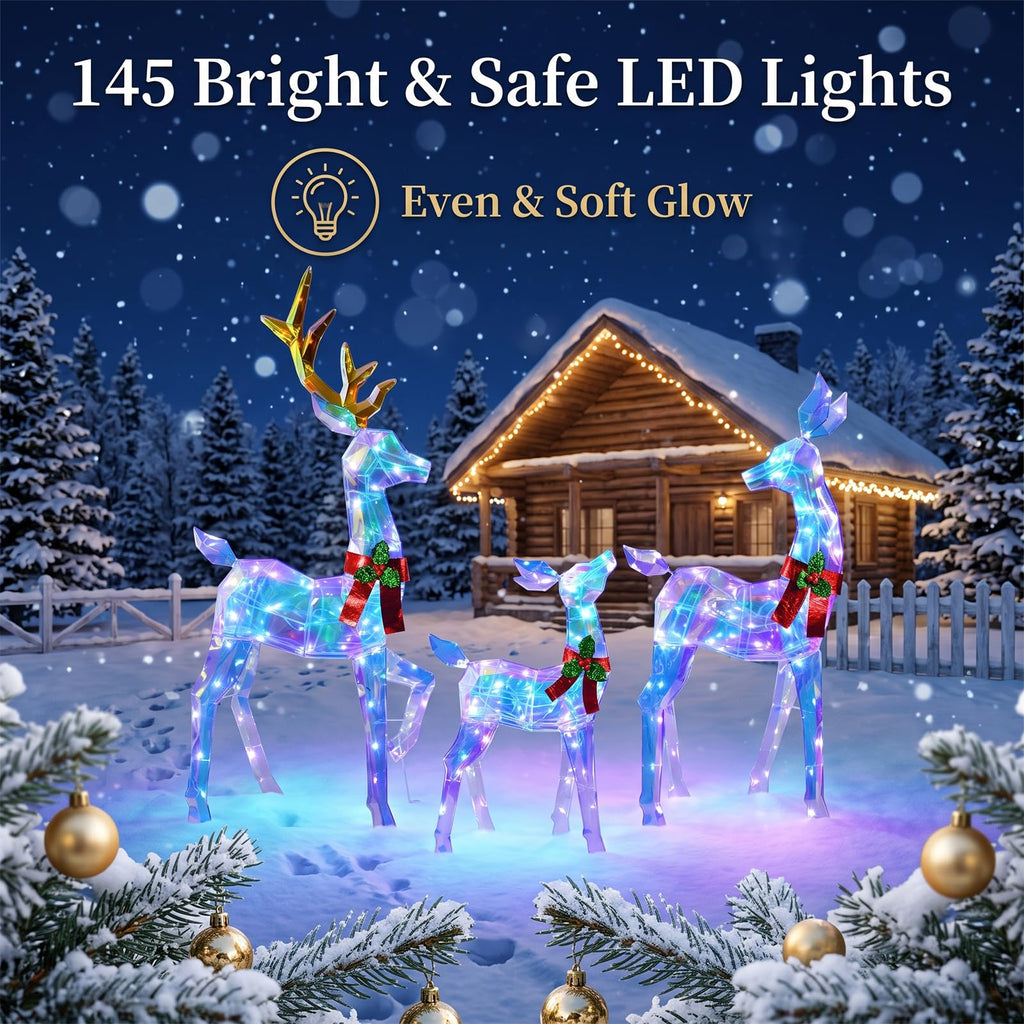 2.5D 48 Inch Pre-Lit Christmas Deer Decorations Outdoor, 3 Pack Lighted Reindeer with 145Warm White LED Lights, Gold