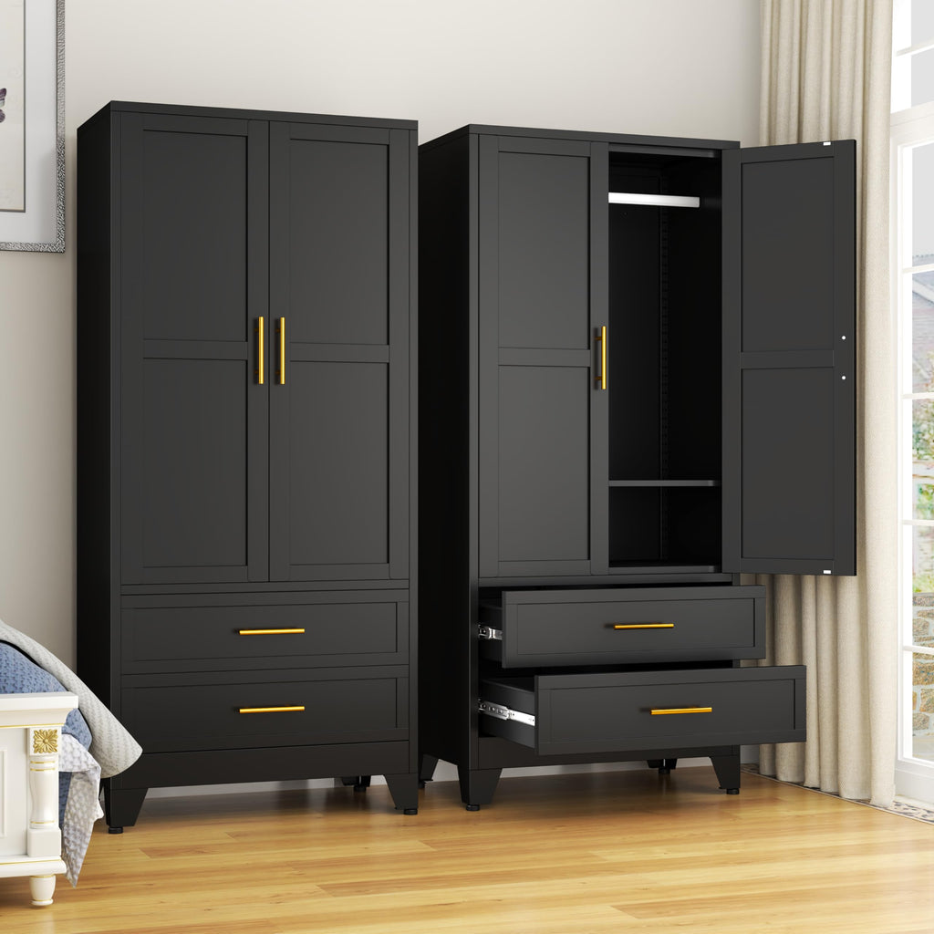 71" H Metal Armoire Wardrobe Closet with 2 Drawers, Adjustable Shelve, Clothes Drying Pole, Steel Wardrobe Cabinet