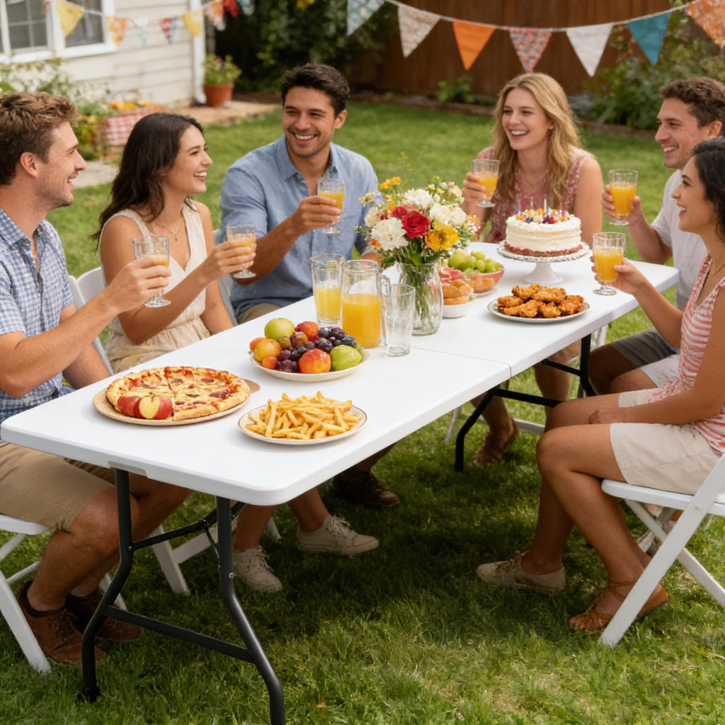 Indoor Outdoor 8ft Heavy Duty Folding Table - Portable Plastic Top w/Steel Legs & Handle for Camping, Picnics