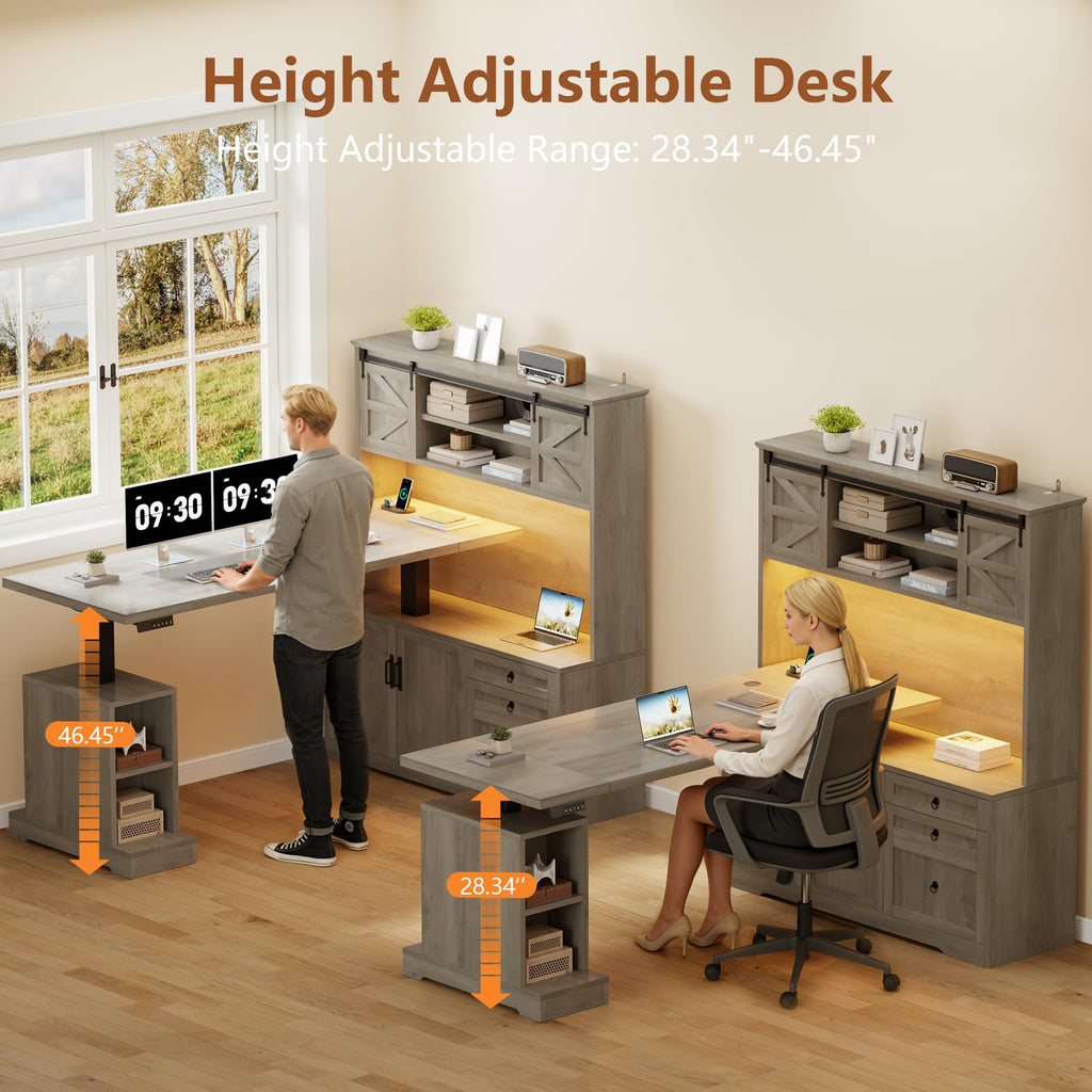 71" LED L Shaped Standing Desk with Hutch and Drawers Grey