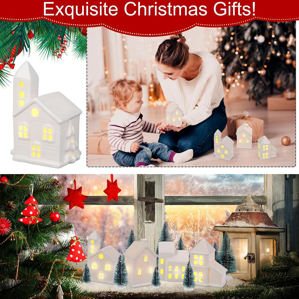 39 Pieces LED Lighted Ceramic Winter Village Building Figurines and Accessories Desktop Ornament Set for Holiday