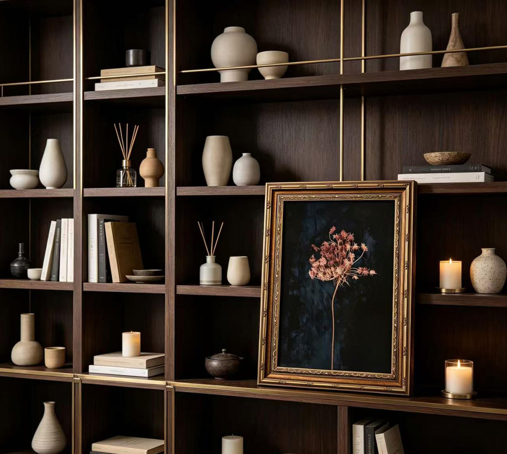 Vintage Gold Framed Wall Art, Retro Moody Dried Flower Wall Art, Dark Botanical Still Life Painting Canvas Print