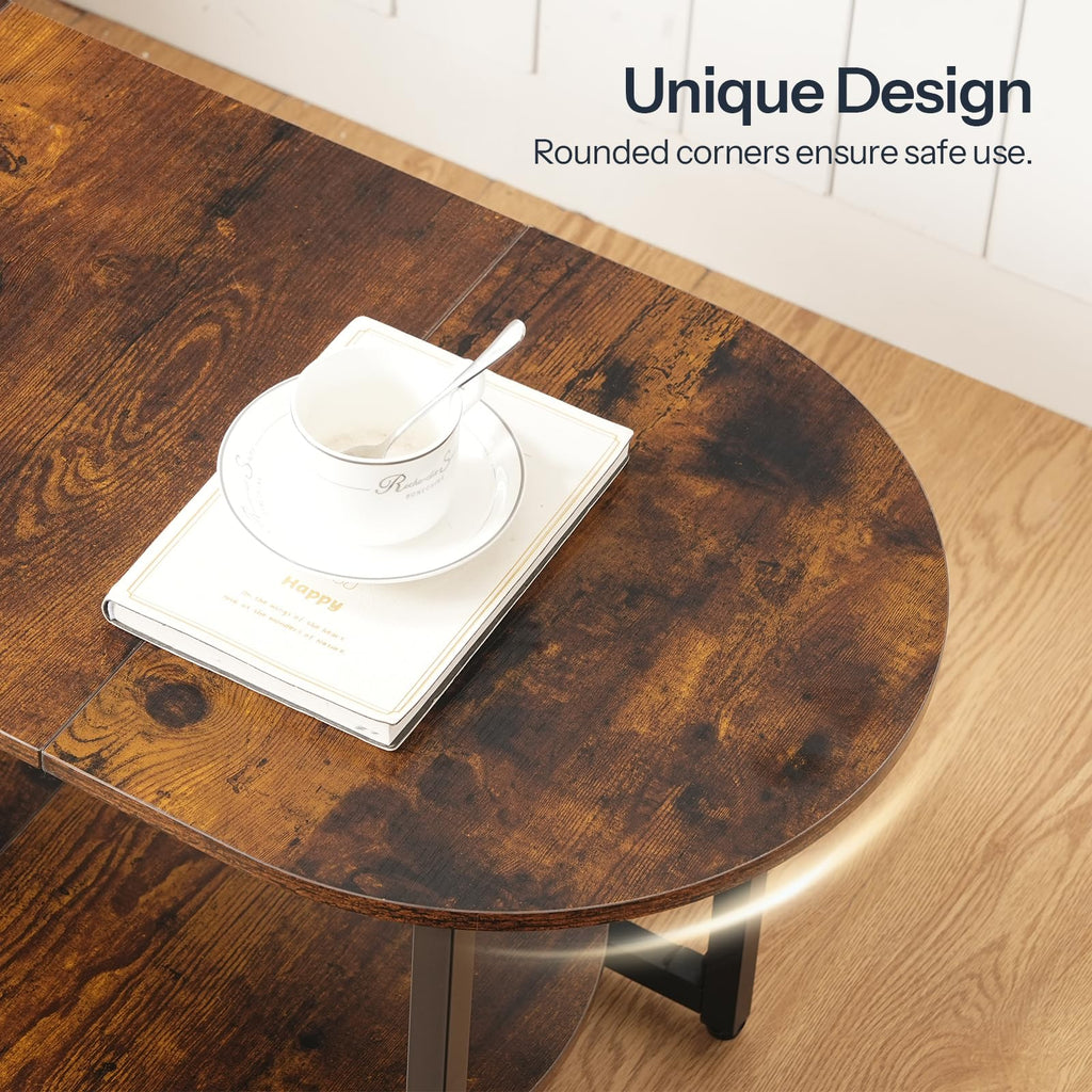 Coffee Table, Oval Small Coffee Table with 2-Tier Open Storage Shelf, Industrial Cocktail Tea Table, Wooden Desktop