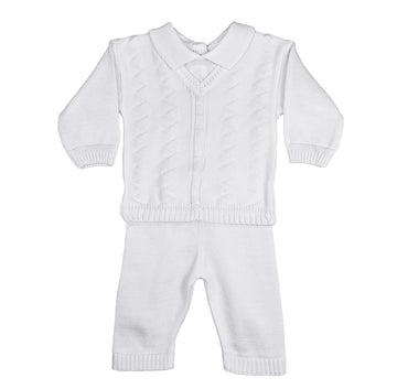 Boys 100%Cotton Knit Two Piece White Christening Baptism Outfit