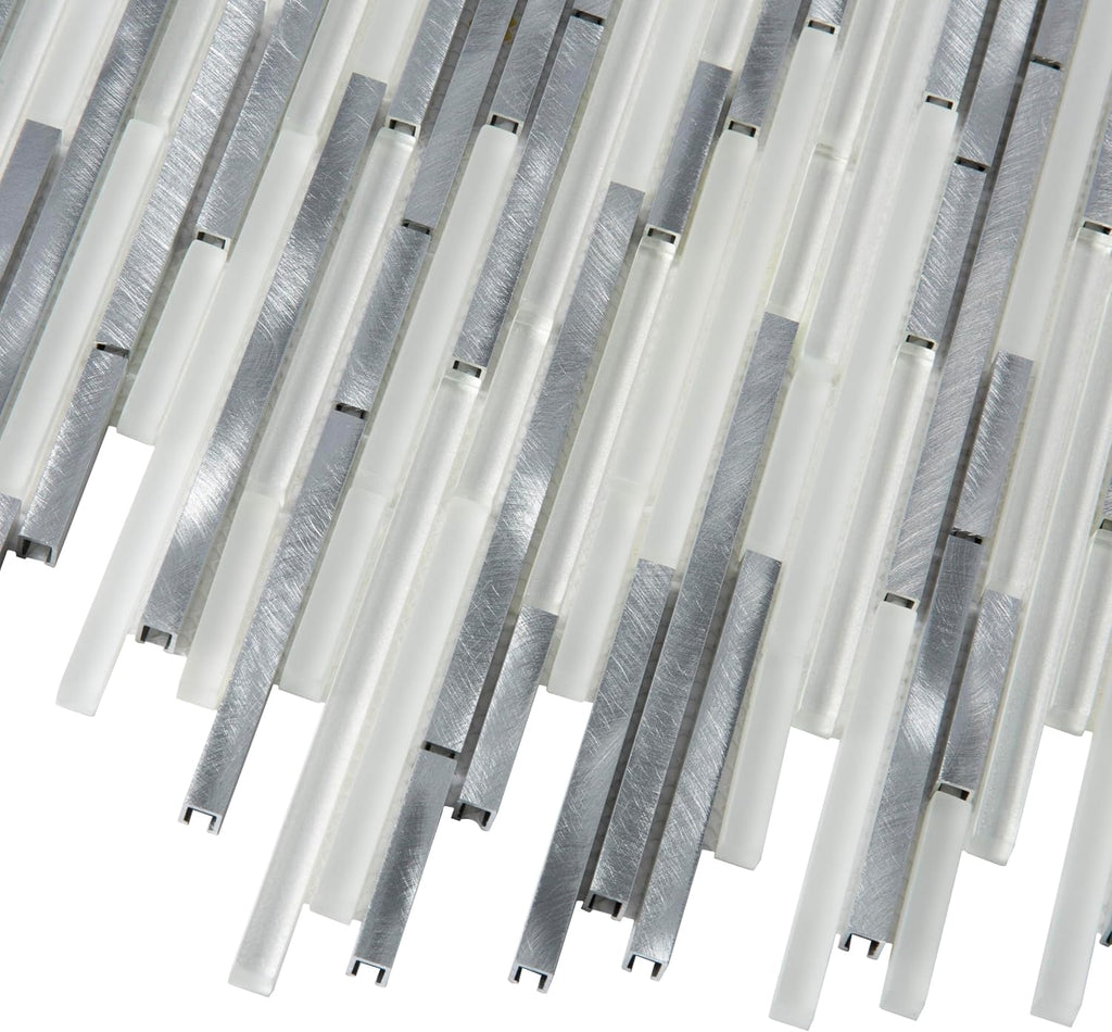 Linear Mosaic Glass & Metal Tile White & Silver 11.8x11.8 4.83 sq ft 5pk | Mesh-backed sheets. Kitchen backsplash