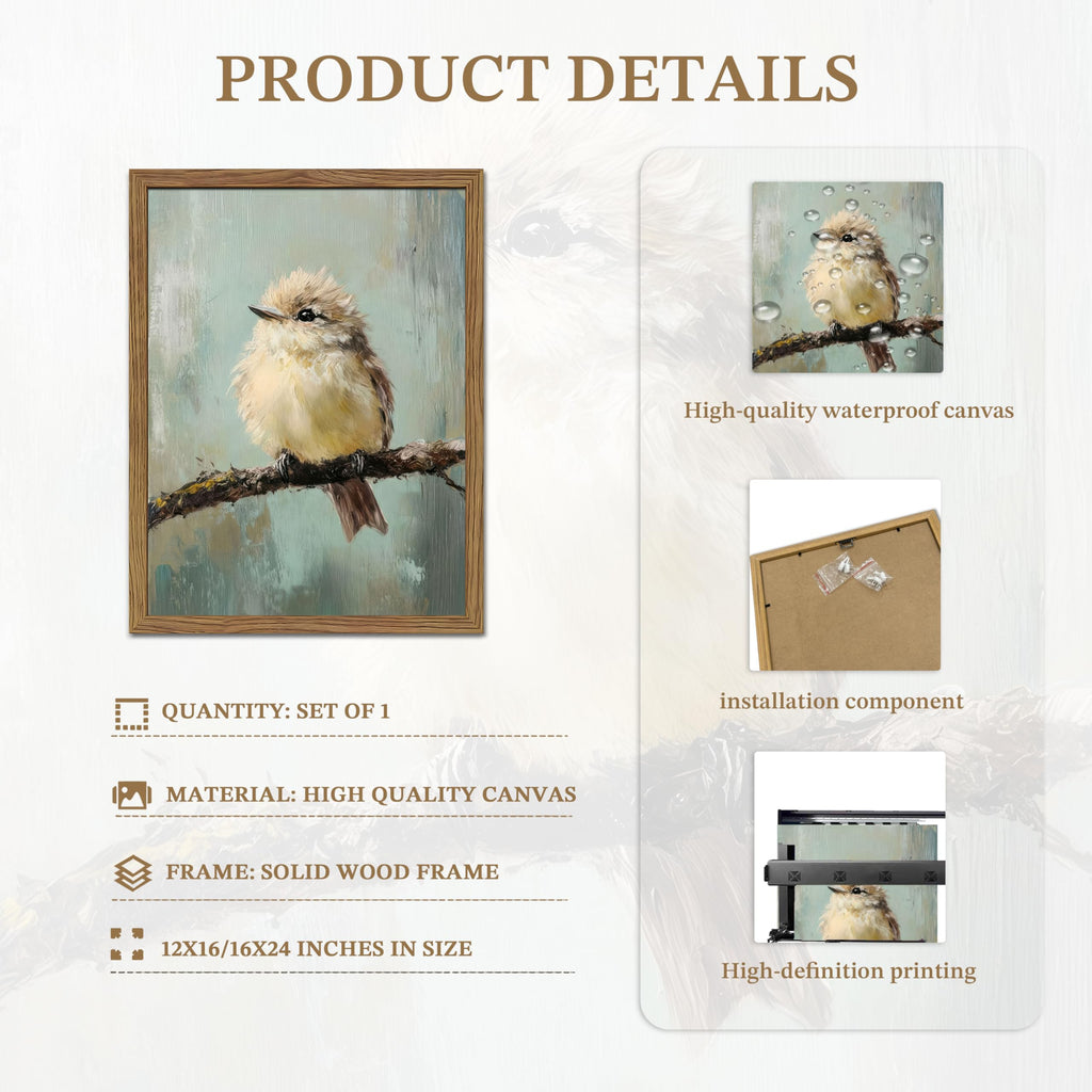 Vintage Framed Bird Wall Art, Rustic Sparrow on Branch Canvas Wall Decor Painting, Cute Bird Animal Artwork Poster