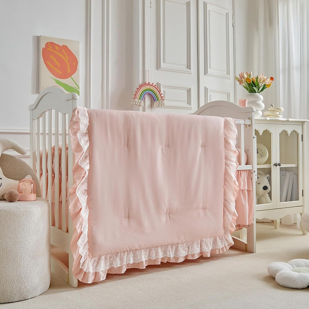 Lace Ruffle Crib Bedding Set 3 Pieces Baby Boho Lace Quilted Comforter with Fitted Sheet and Bed Skirt - Cute Ruffled