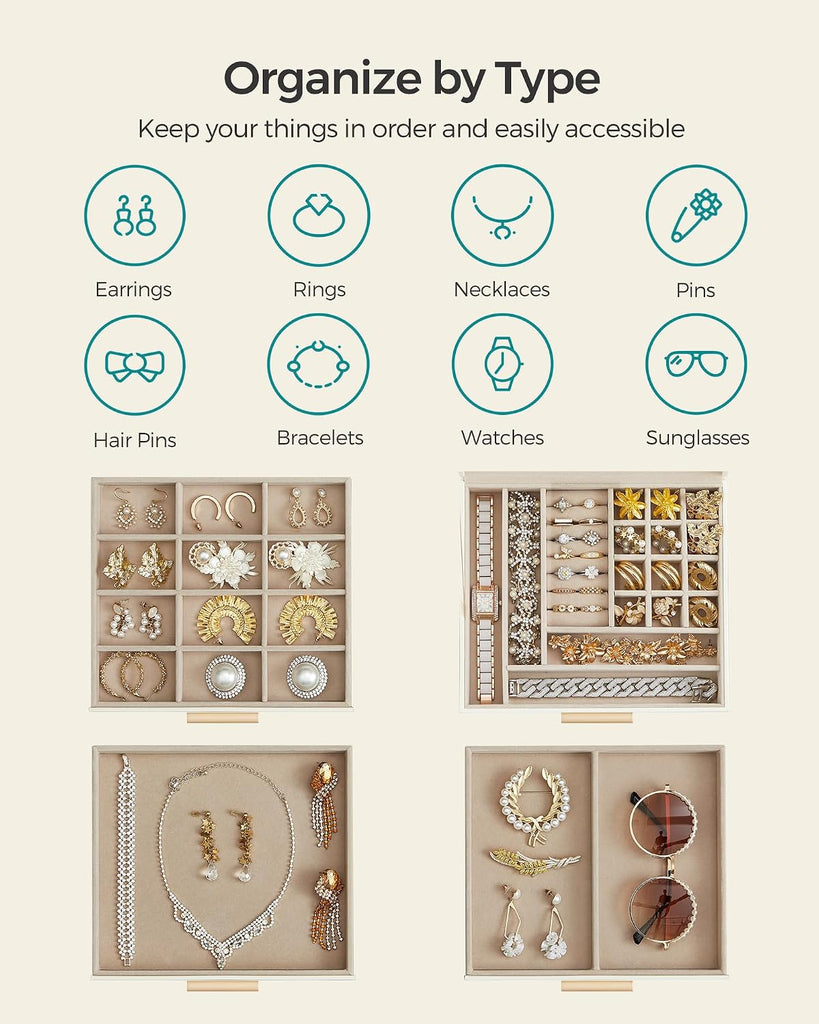 Jewelry Box Organizer, 4-Layer Storage with 3 Drawers, Glass Lid